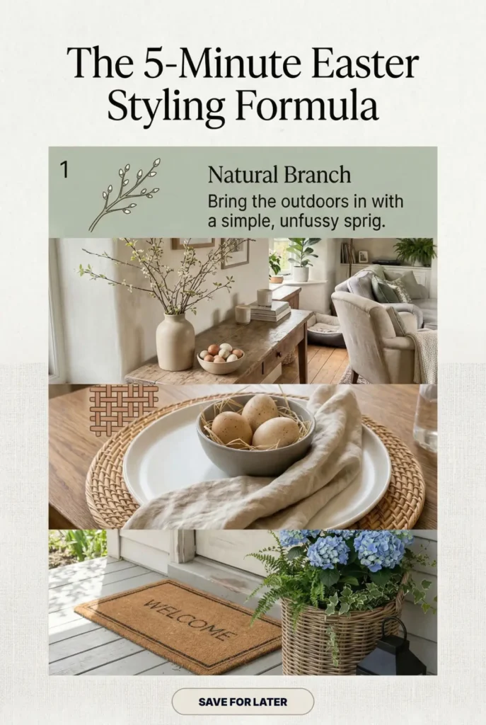 Need a simple formula for decorating without clutter? This saveable Easter decor infographic breaks down exactly how to style your home with branches, texture, eggs, and soft spring color. Save it now so you can use it room by room.