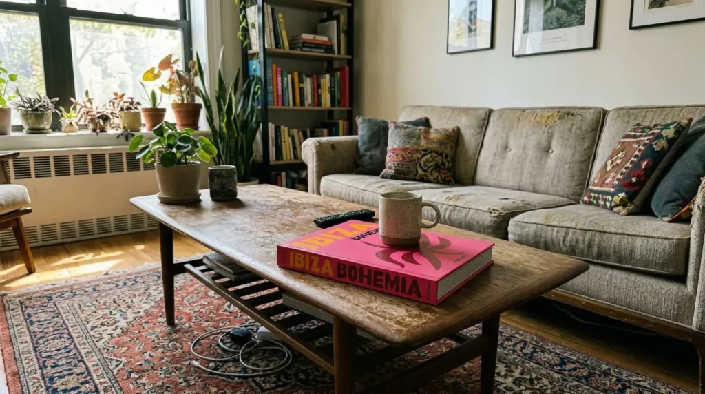 Assouline coffee table book styled casually on a lived-in coffee table with everyday objects.