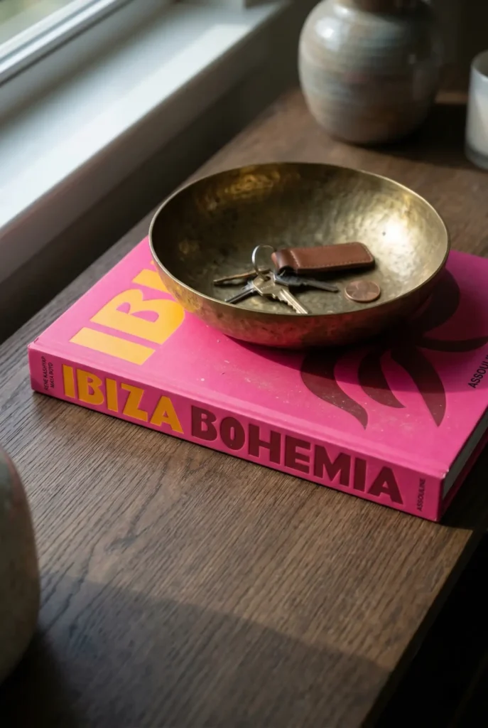 Assouline coffee table book used as a functional base on an entryway console with a catchall bowl.