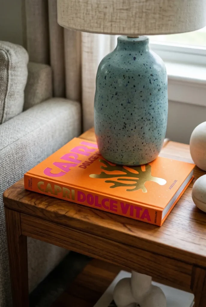 Assouline coffee table book used as a functional base on an entryway console with a catchall bowl.