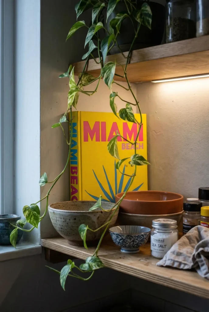 Assouline coffee table book styled on a kitchen shelf behind everyday items.