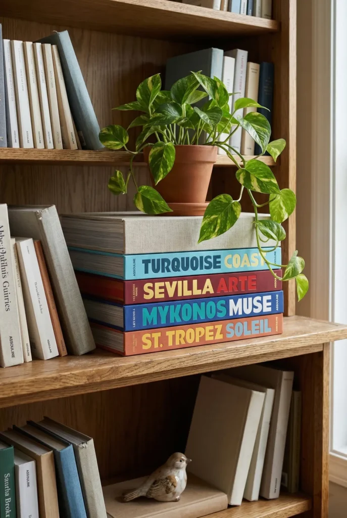 Assouline coffee table books stacked horizontally to add variation to a bookshelf.