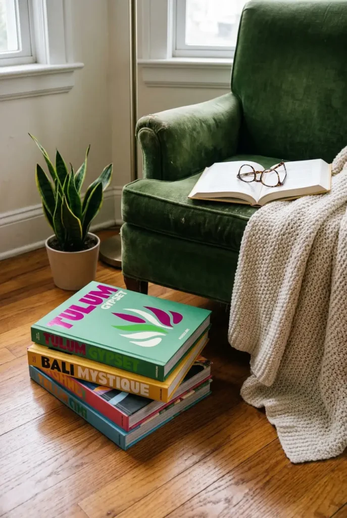 Assouline coffee table books stacked on the floor beside a chair to add depth to a room.
