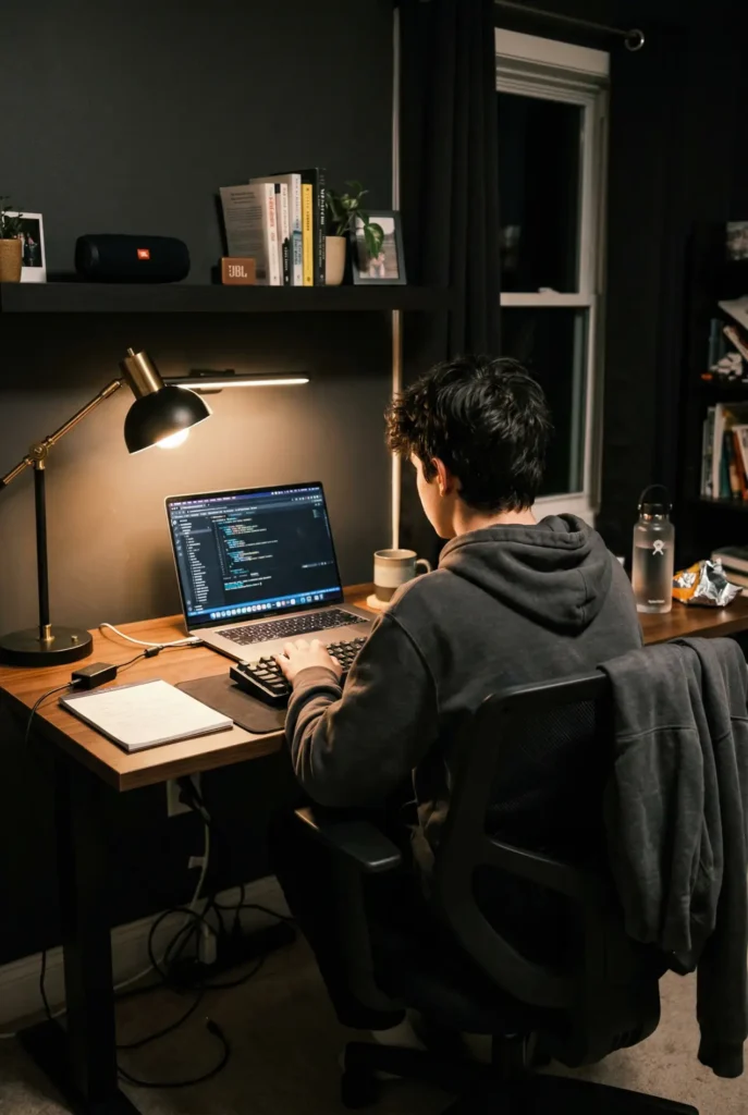 Dark academic teenage bedroom desk with olive green wall, vintage lamp, and stacked books.