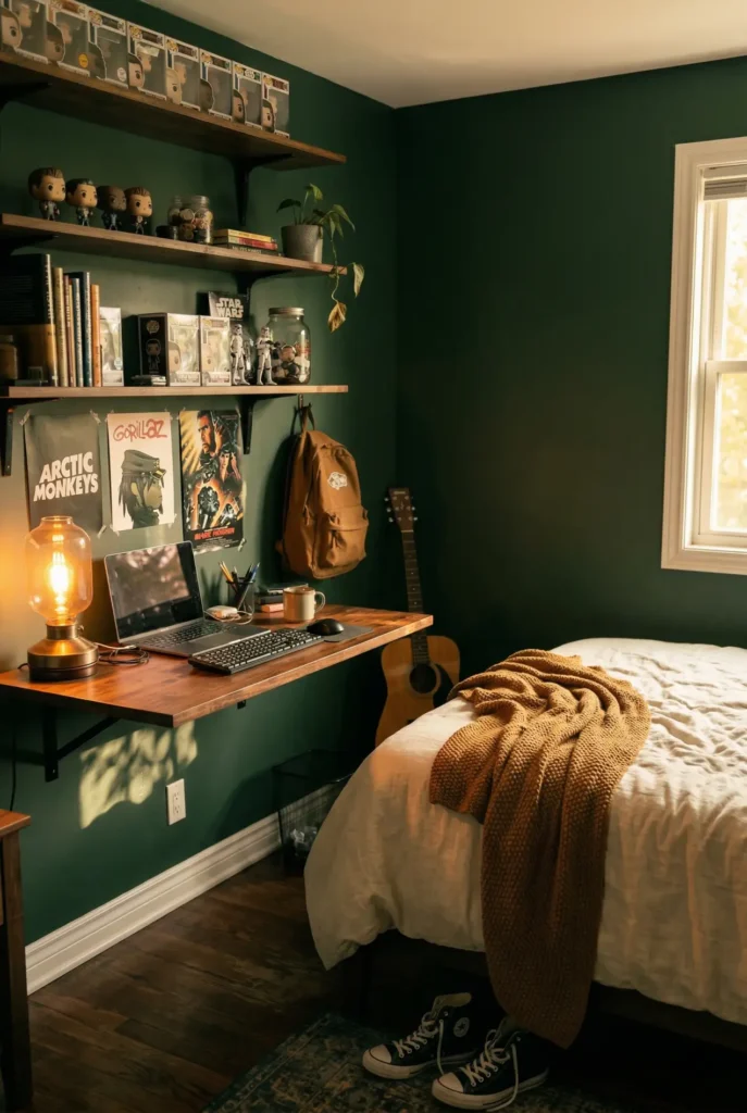 Dark green teenage boy bedroom with warm amber lighting, wood desk, and lived-in details.