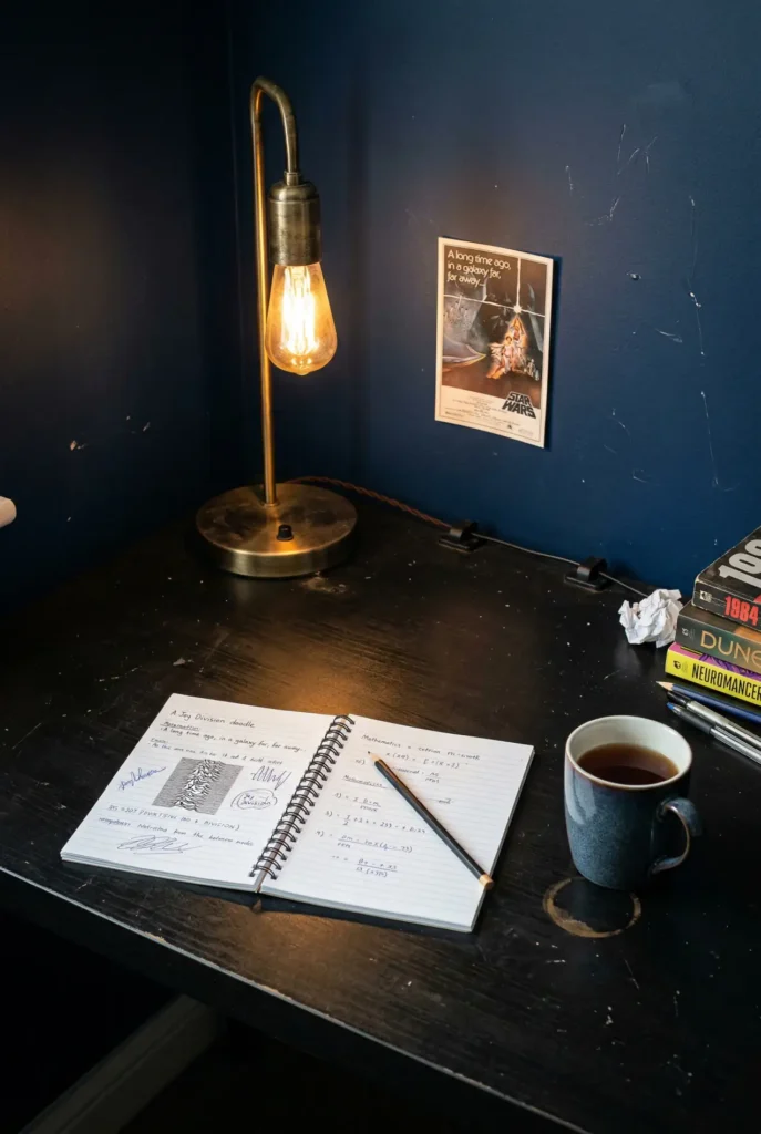 Dark teen bedroom desk corner with brass lamp, open notebook, and navy wall.