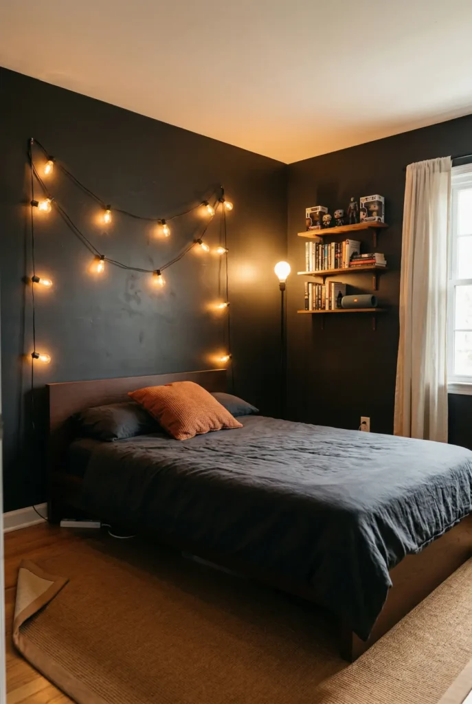 Near-black teen bedroom with warm Edison string lights, rust accents, and dark wood shelving.