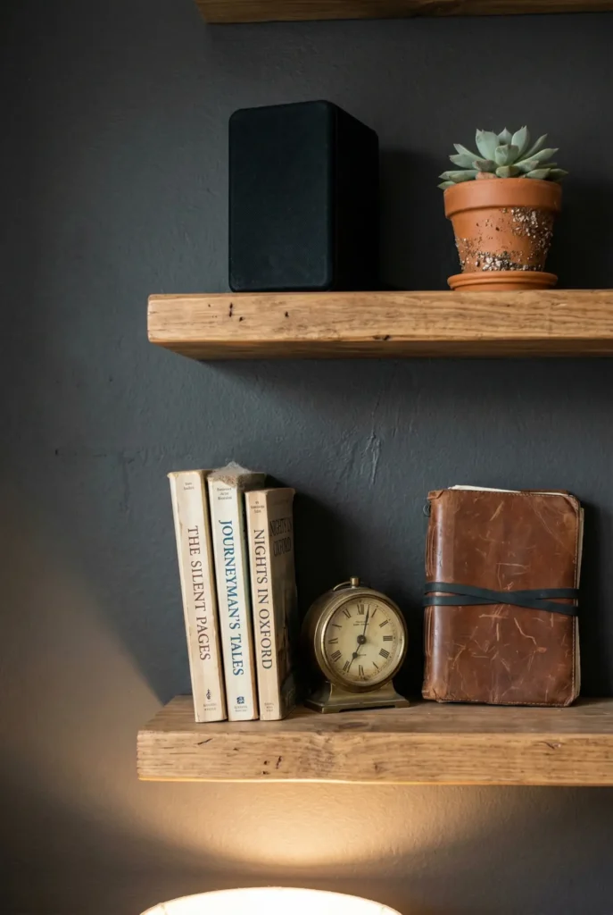 Dark bedroom shelf styling for teen boys with brass accents, terracotta pot, and warm lighting.