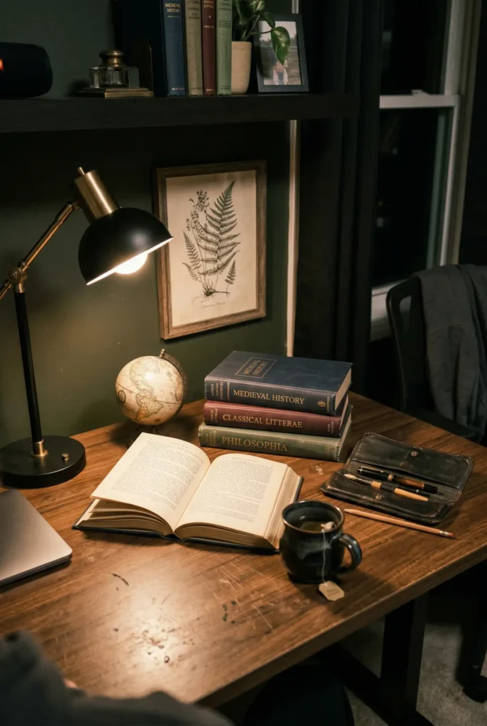Dark academic desk detail with olive wall, vintage lamp, and stacked books.