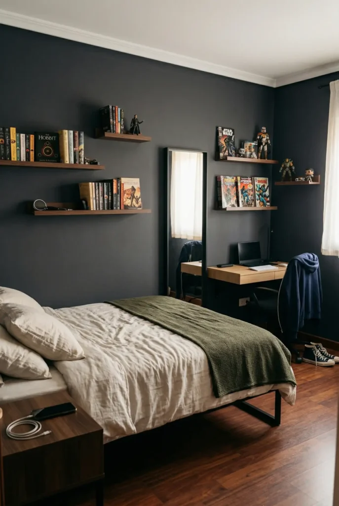 Small dark bedroom ideas for teen boys with wall-mounted shelves, floating desk, and light-reflecting mirror.