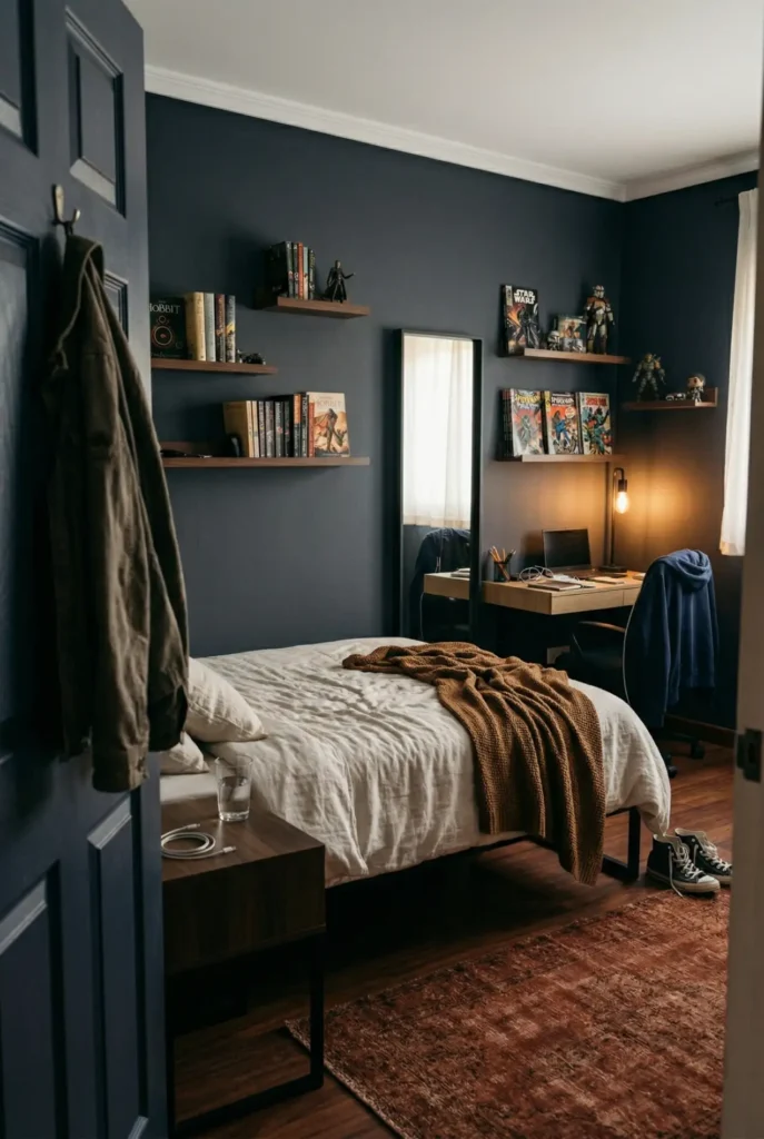 Navy dark bedroom for teenage boys with warm floor lamp, linen bedding, and rust accent rug.