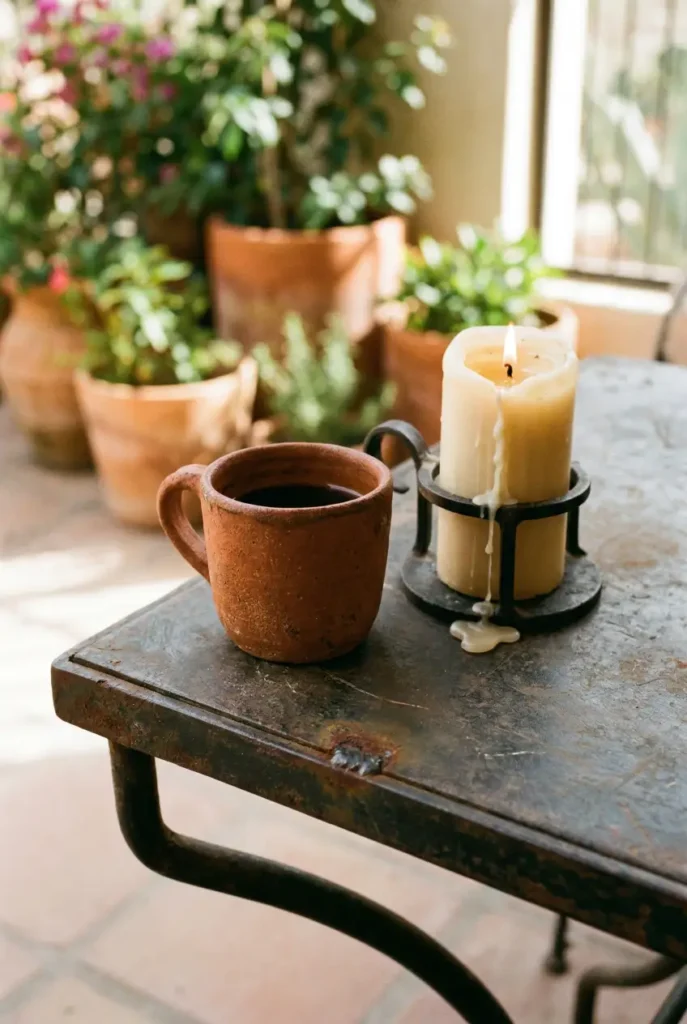 Wrought iron bistro table with terracotta mug and candle as part of a hacienda style patio setup.
