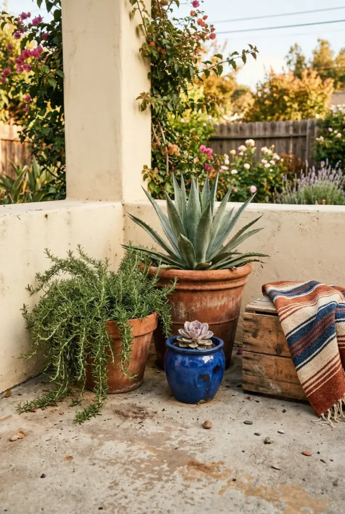 Terracotta and cobalt blue pot grouping with agave and succulents showing mexican garden hacienda style color palette.