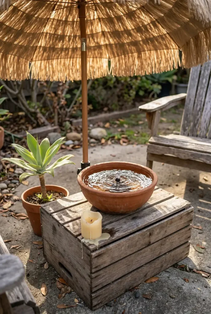 Small clay bowl fountain as focal point in a hacienda style mexican backyard setup under $200.