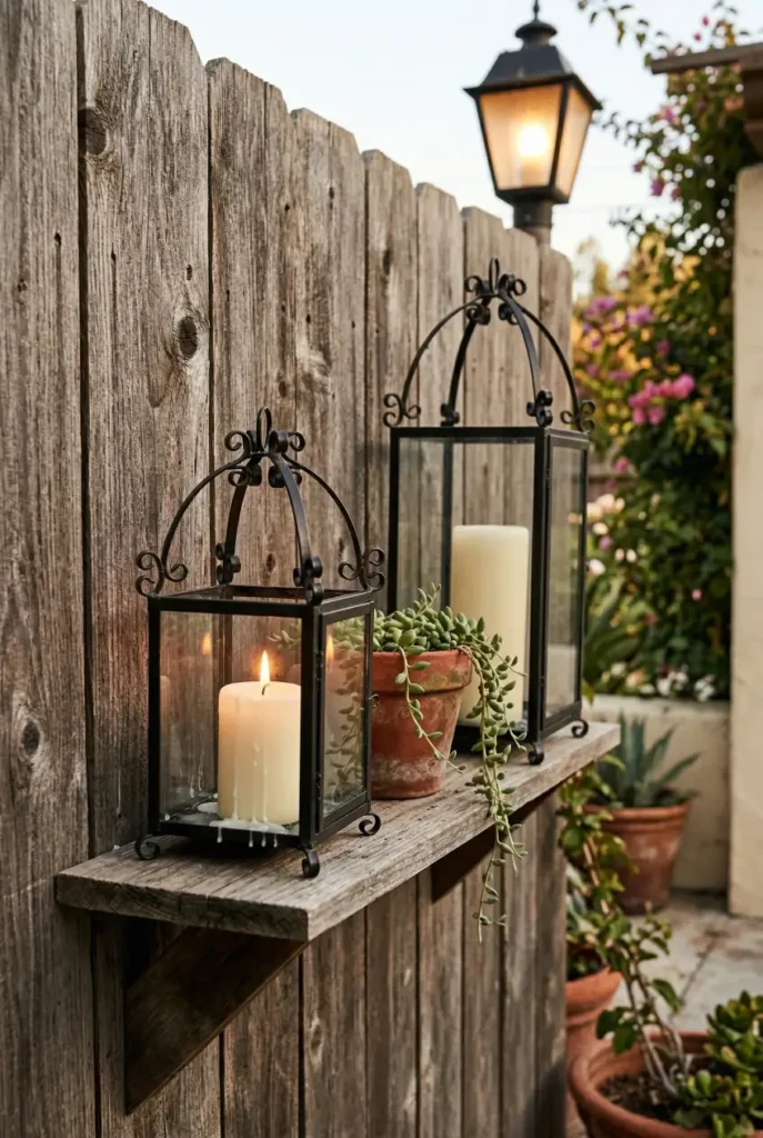 Iron lanterns with pillar candles and terracotta plant pot on a wooden shelf for hacienda style backyard lighting.