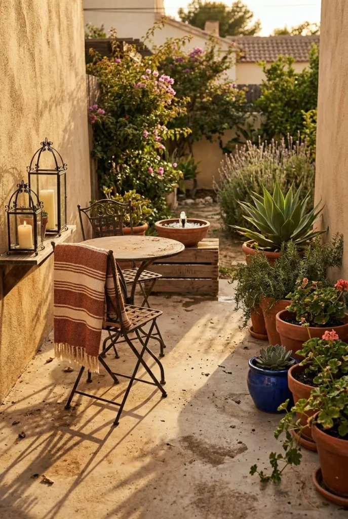 Complete mexican backyard ideas setup under $200 with terracotta pots, wrought iron furniture, lanterns, and a small fountain.