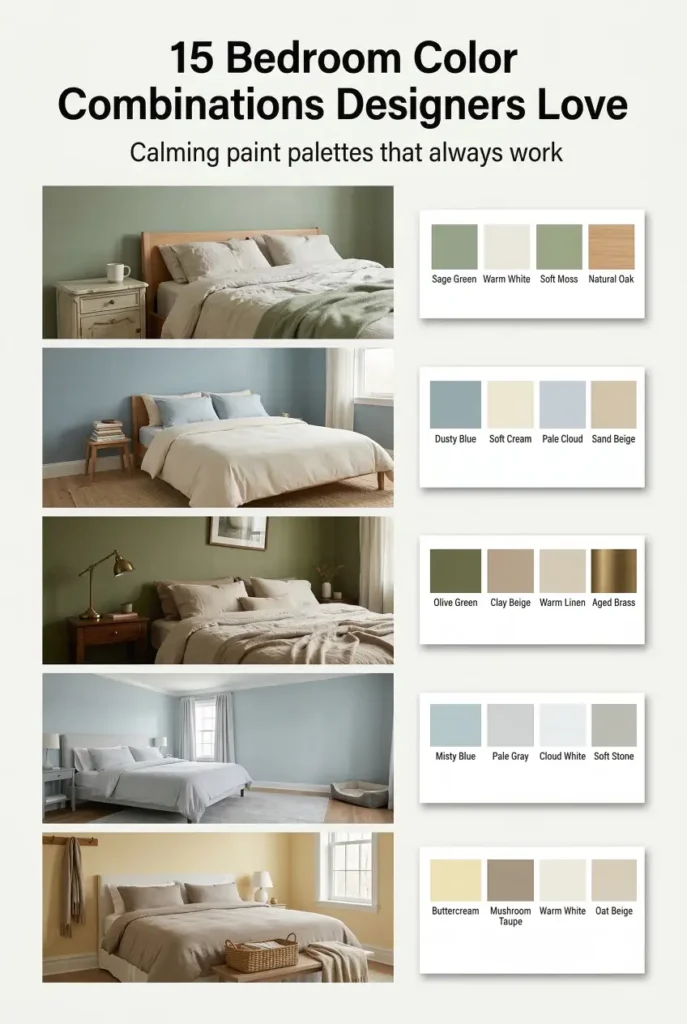 Bedroom color combinations for modern, cozy bedrooms. Discover bedroom paint color ideas, calming wall color palettes, and designer combinations that make bedrooms feel relaxing and balanced. Includes sage green bedrooms, blue bedroom palettes, neutral bedroom color schemes, and warm modern bedroom wall colors