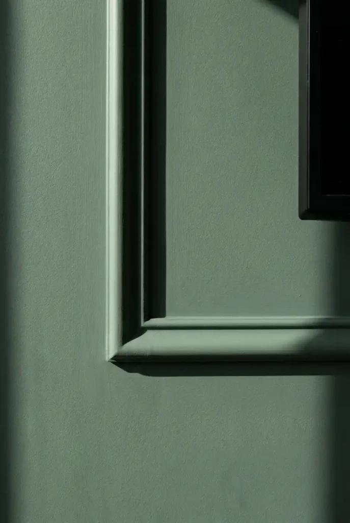 Close-up of picture frame molding on a dusty sage wall showing shadow lines from raised trim edges on a living room TV wall.