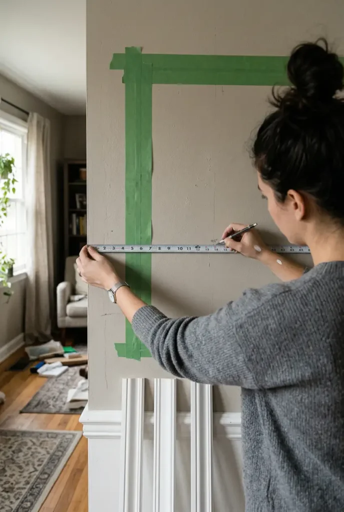 Person measuring and marking a TV wall with painter's tape to plan picture frame molding panel layout before installation.