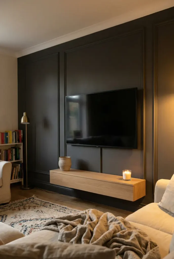 Finished picture frame molding TV wall painted deep charcoal with three panels framing a mounted TV and low oak console in a styled living room.