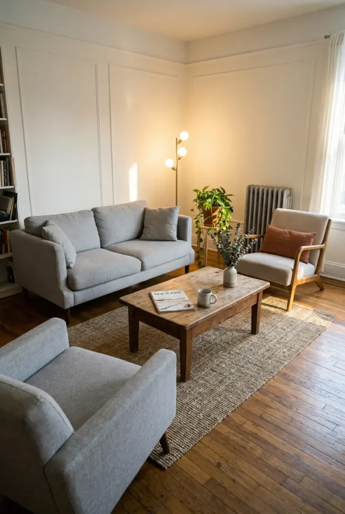 Eye-level view of a small rental living room with furniture pulled away from walls and a rug defining the seating zone.