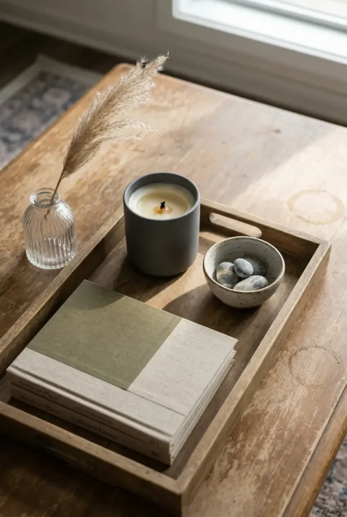 Close-up of a coffee table styled with tray, candle, and books in warm neutral tones.