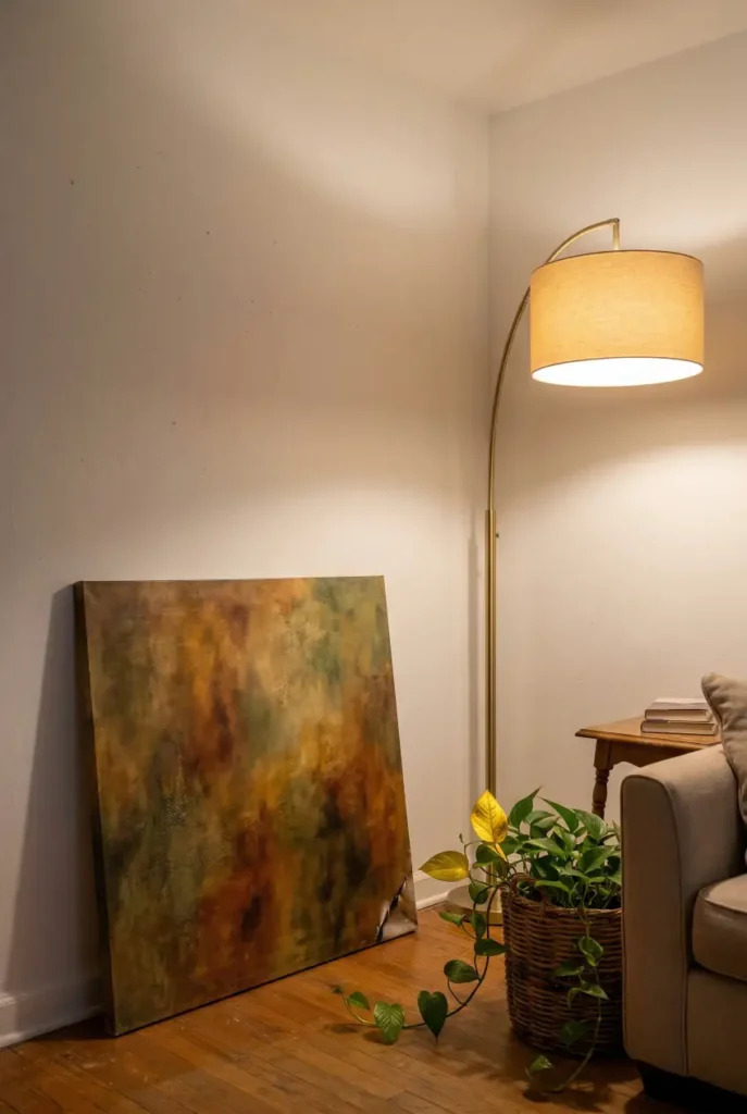 Corner view of a rental living room with floor lamp, leaned art, and trailing plant for a warm no-drill look.