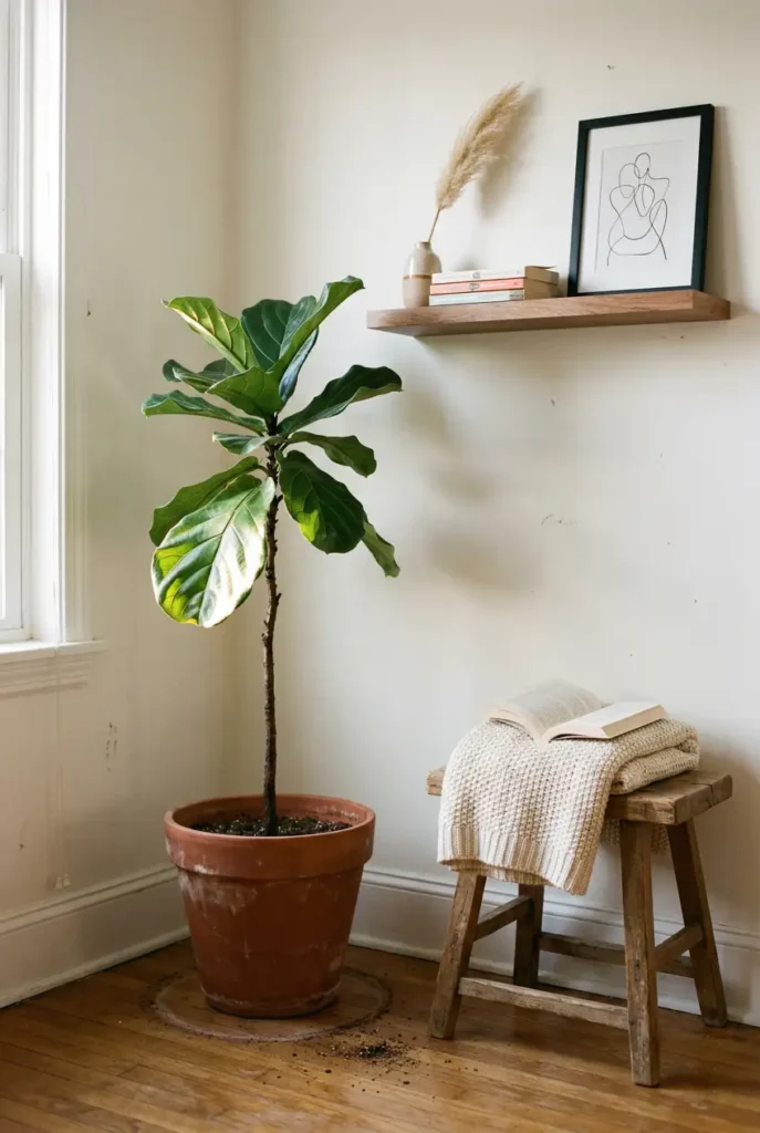 Rental living room corner with tall fiddle leaf fig, wooden stool, and folded throw for warm structural impact.