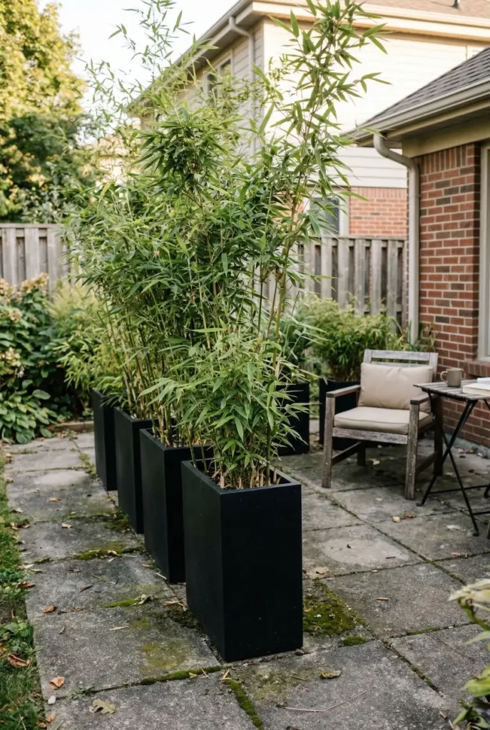 You do not need a big yard to create privacy with plants. Tall narrow planters and vertical greenery can block views without taking up space. Perfect for patios and compact backyards. Save this plant idea for later. #privacyplants #smallgardenideas #backyarddesign #patioinspiration #gardenprivacy #bambooplant #smallbackyard
