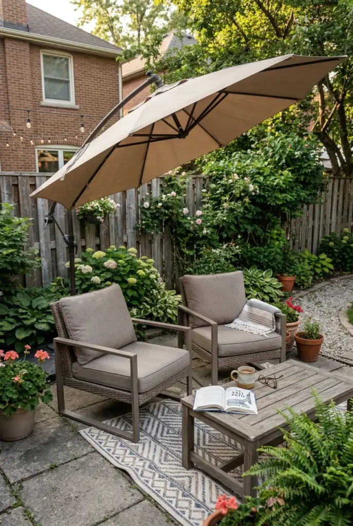Neighbors looking down into your yard? Tilting a cantilever umbrella is a surprisingly effective way to create overhead privacy. It blocks the view from above and makes a patio feel like a cozy outdoor room. Save this idea if your backyard feels exposed. #patioideas #backyardprivacy #smallbackyardideas #outdoorliving #backyarddesign #cozygarden