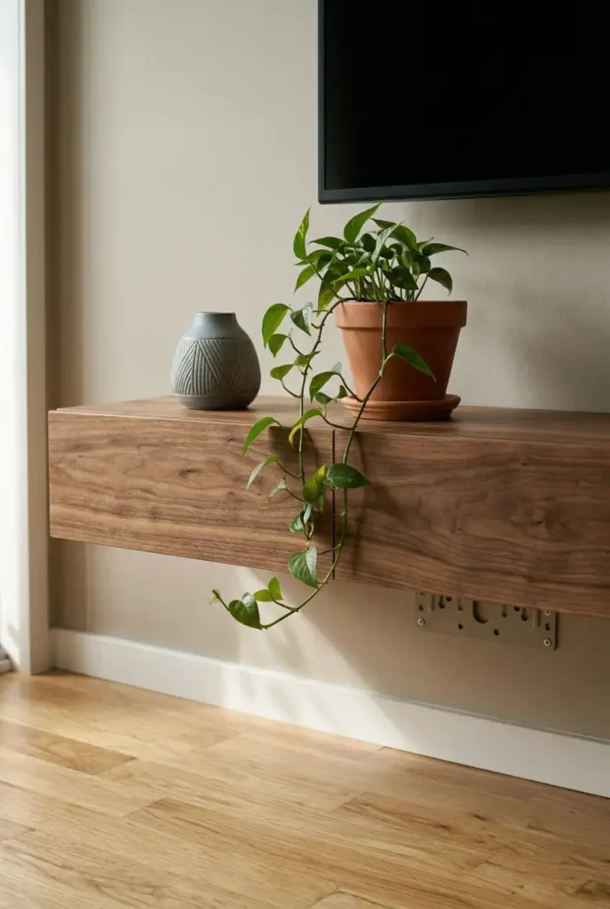 Floating media console below a mounted TV in a small living room showing floor clearance that makes the space feel larger.