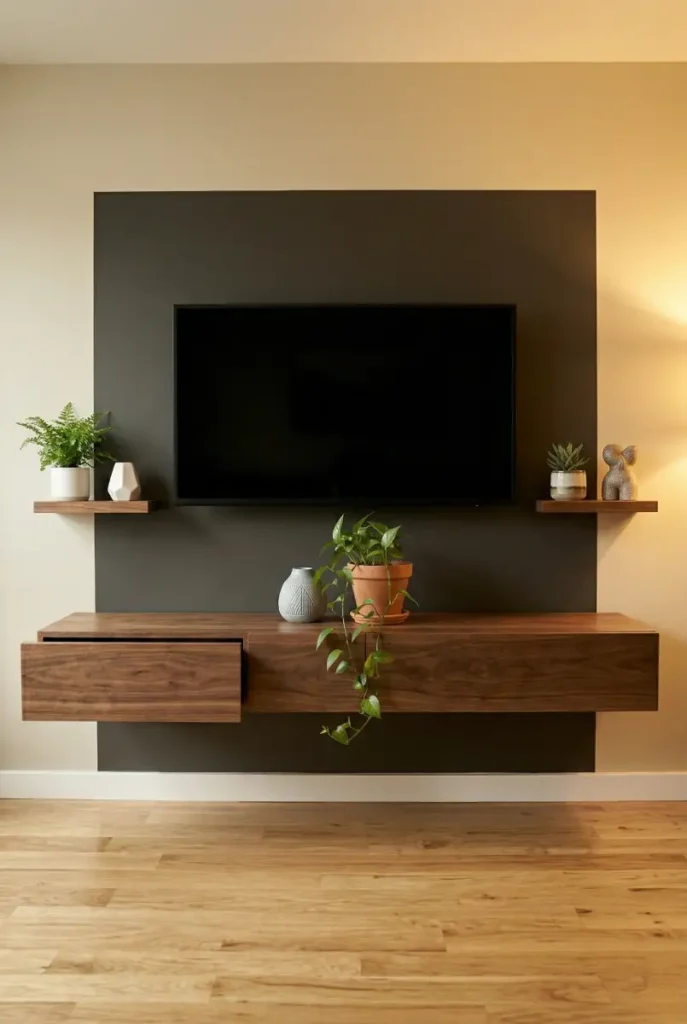 Complete small living room TV wall with floating console, flanking shelves, and dark paint behind the TV showing a space-efficient TV wall setup.