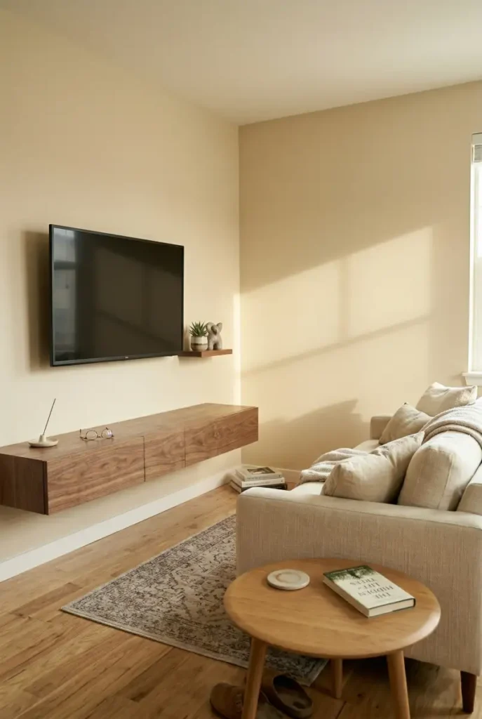 Small living room with wall-mounted TV at correct height, slim console, and clean wall showing how a compact room can feel intentional and complete.