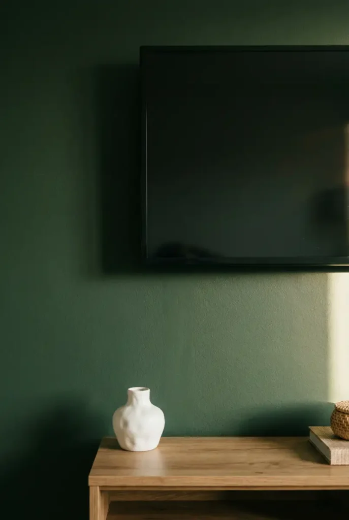 TV wall painted deep forest green matte showing how dark paint color reduces TV contrast in a living room.