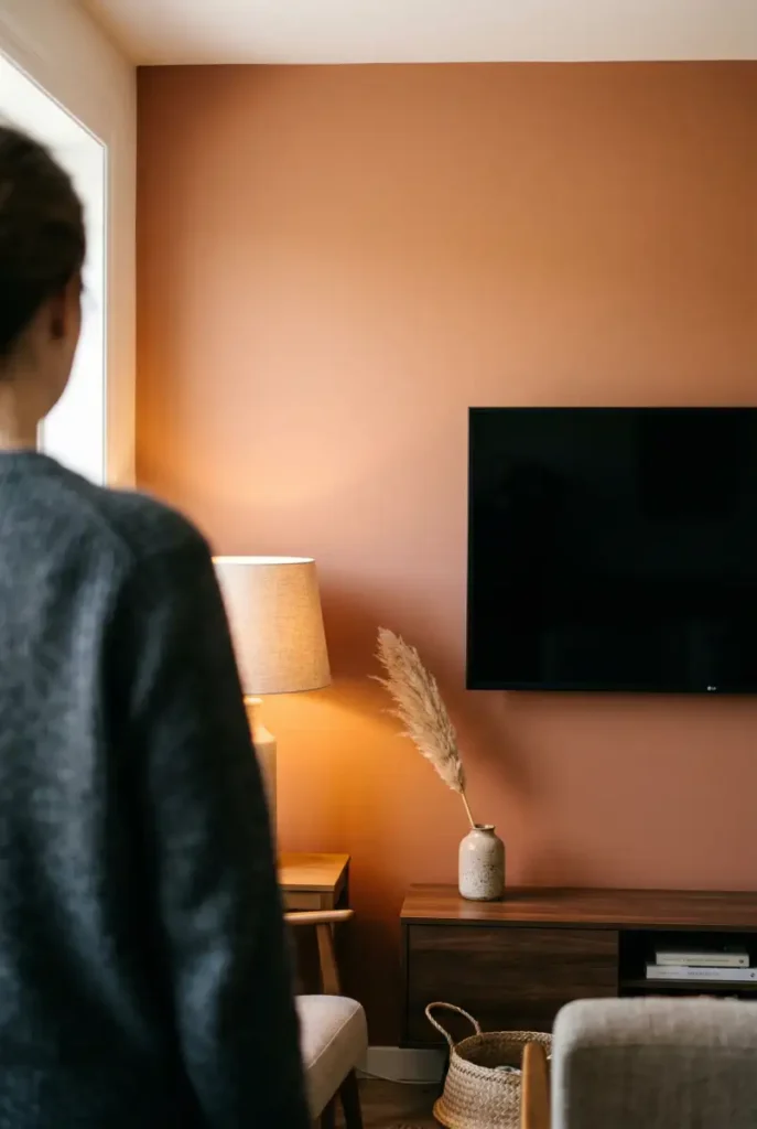 TV wall painted warm terracotta in morning light vs evening lamp light showing how natural light direction affects TV wall paint color.