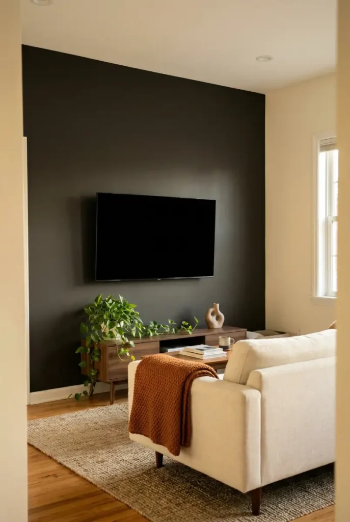 Living room with one dark charcoal TV accent wall and three cream walls showing the effect of painting just the TV wall a darker color.