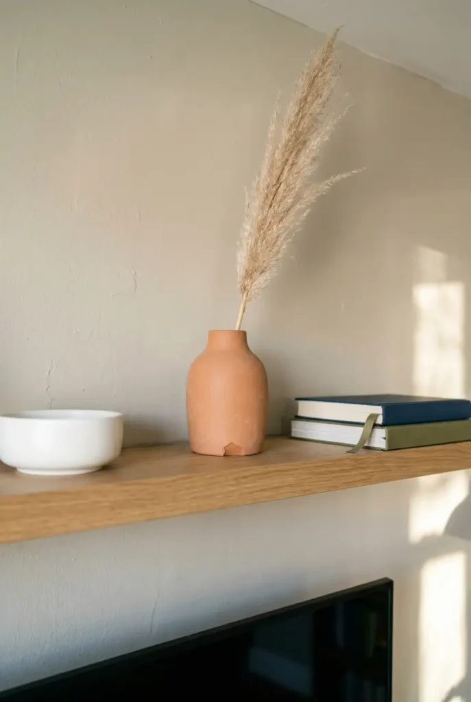 Close-up of a styled floating shelf above a mounted TV with terracotta vase, stacked books, and ceramic bowl as above TV wall decor.