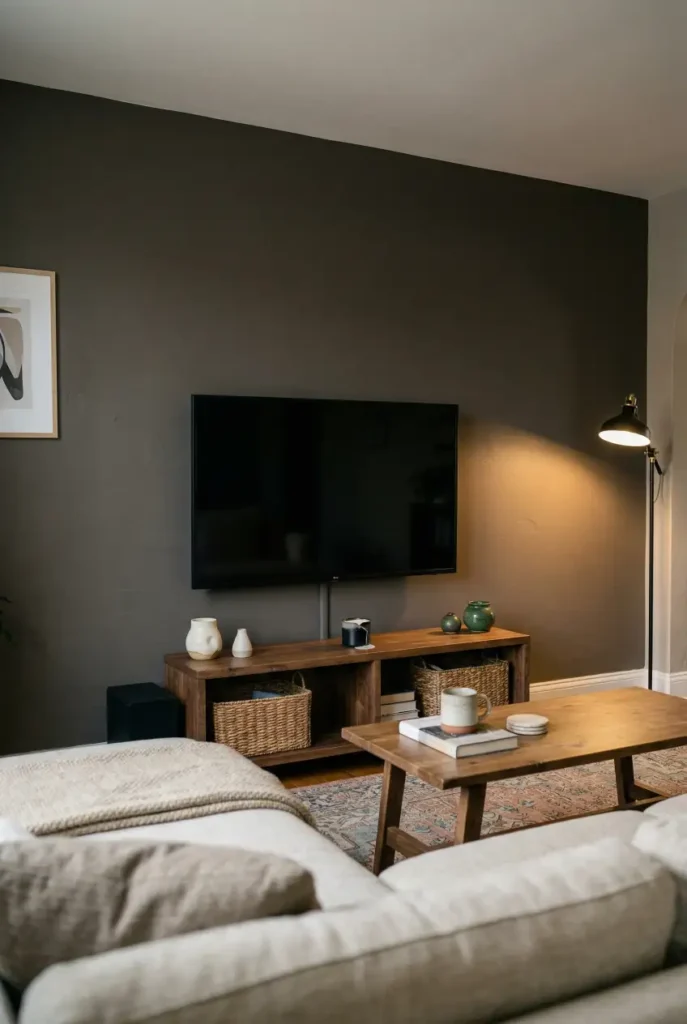 TV wall with deep charcoal paint and nothing above the screen, showing how a strong wall color can work as TV wall decor on its own.