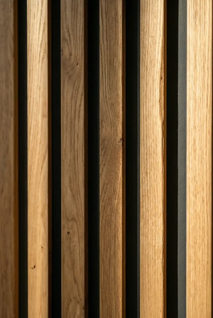 Close-up of vertical wood slat wall showing shadow lines and gap spacing between natural oak slats on a living room accent wall.