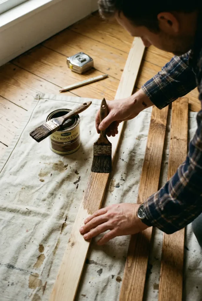Staining wood slats walnut tone on a drop cloth as part of a DIY wood slat wall project for a living room TV wall.