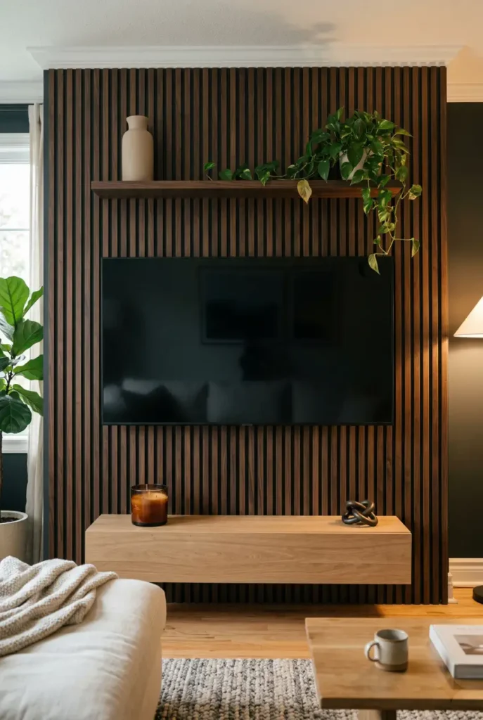 Complete wood slat TV wall with dark walnut slats, floating shelf above TV, and low media console in a styled living room.