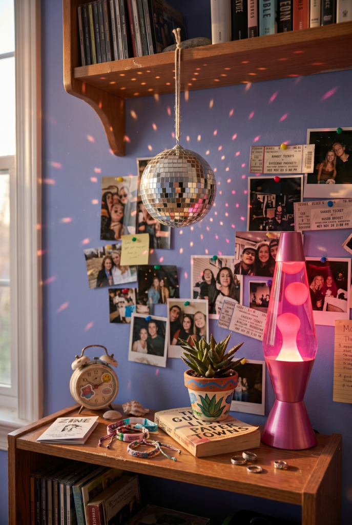 Early 2000s bedroom aesthetic done in 2026 with lava lamp and disco ball integrated naturally into a real teen room shelf vignette.