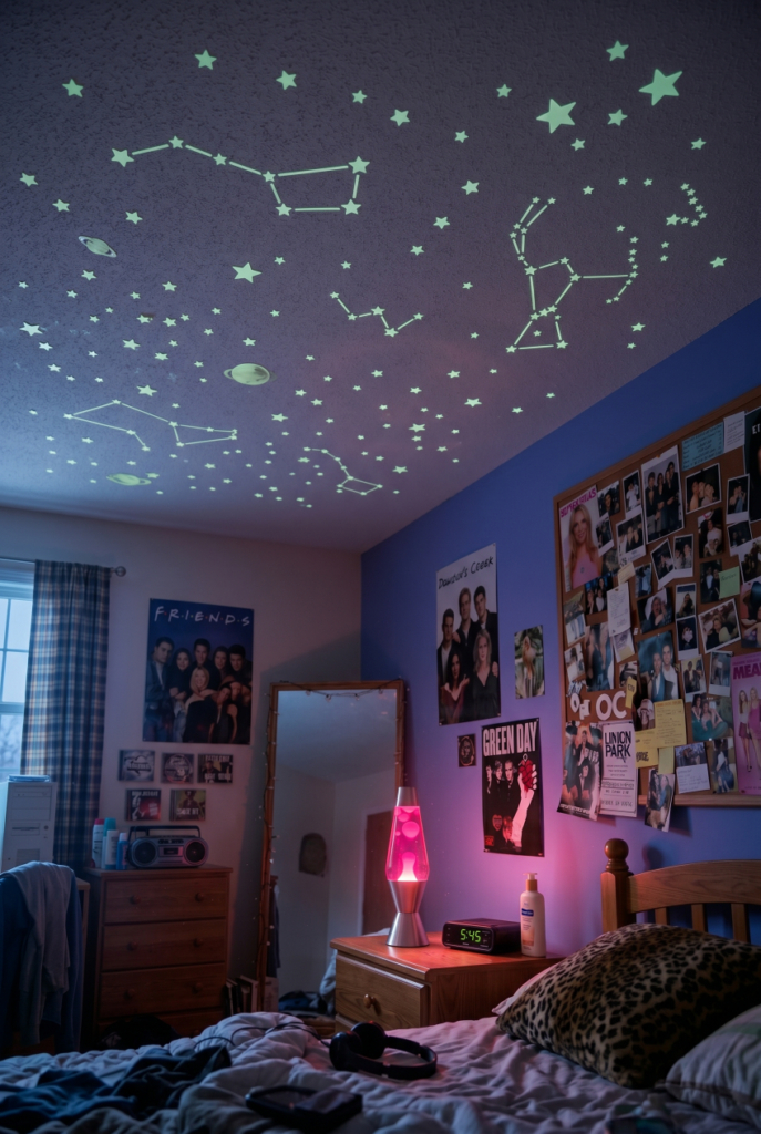 2000s room inspo with glow in the dark ceiling stars and lava lamp showing early 2000s bedroom aesthetic recreated in a real teen bedroom.