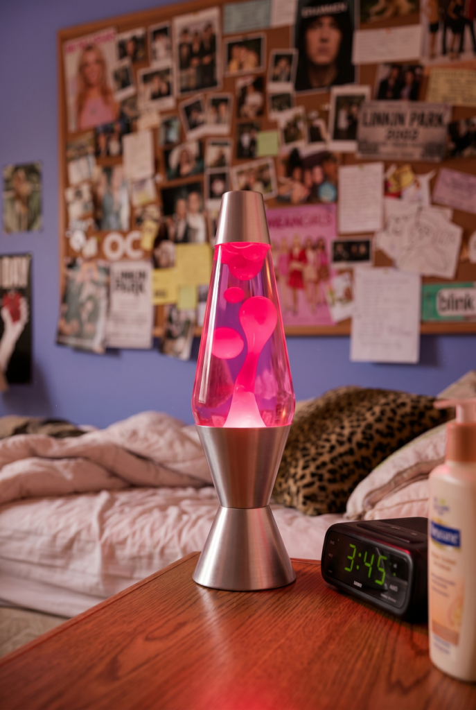 Lava lamp glowing on nightstand as part of 2000s teen room decor, showing the warm retro lighting that defines the early 2000s bedroom aesthetic.