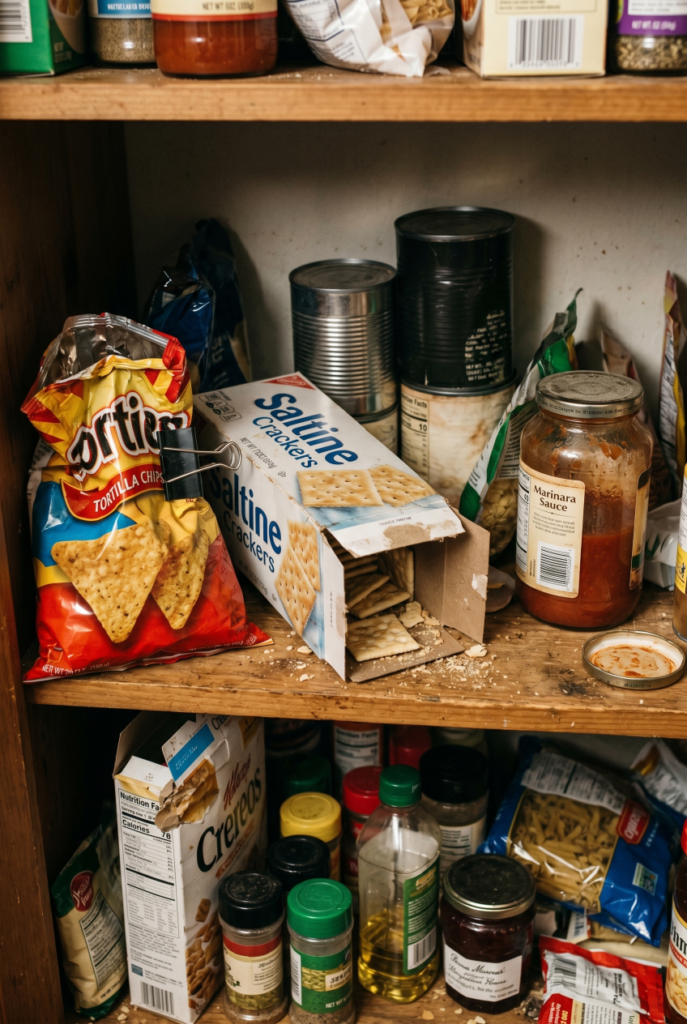 Realistic view of a disorganized pantry shelf before organization, showing common pantry clutter most households recognize.