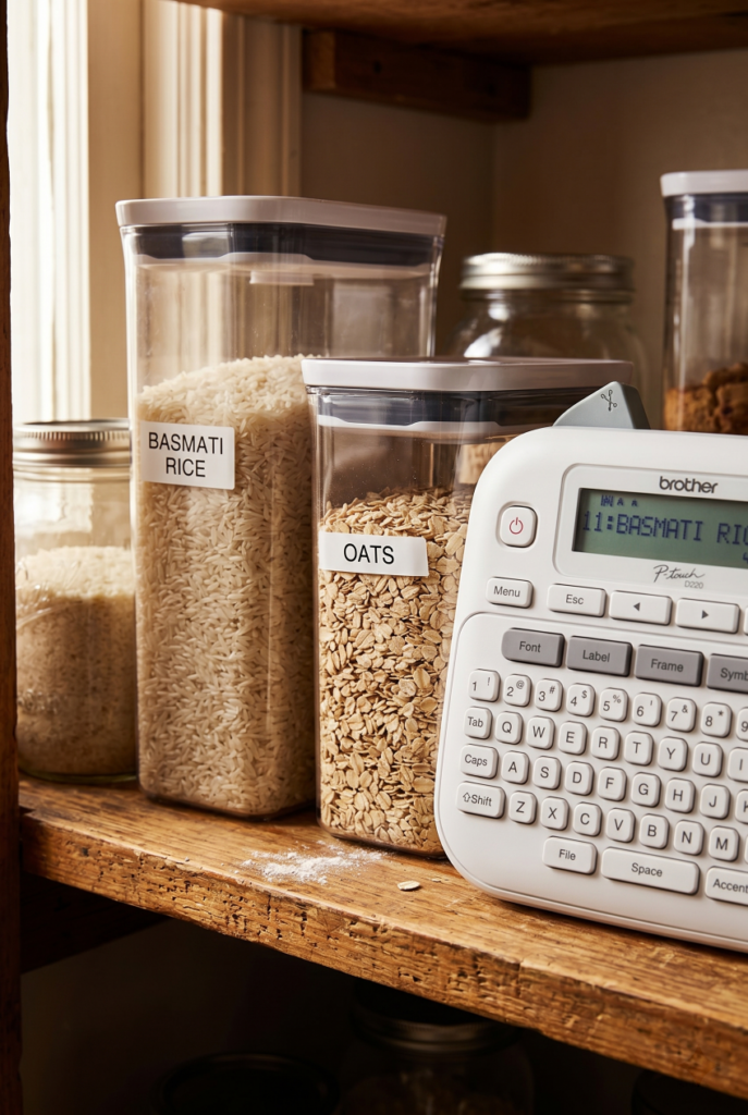 Brother label maker next to labeled pantry containers showing the final step in a realistic pantry organization system.