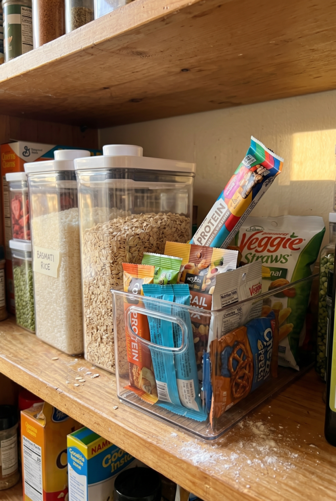 Pantry organization with clear storage bins and airtight containers showing a realistic working system for weekly pantry items.