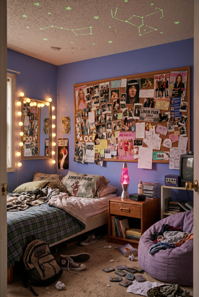 2000s room decor ideas for teens showing complete early 2000s bedroom aesthetic with corkboard, lava lamp, string lights and glow stars on a real budget.