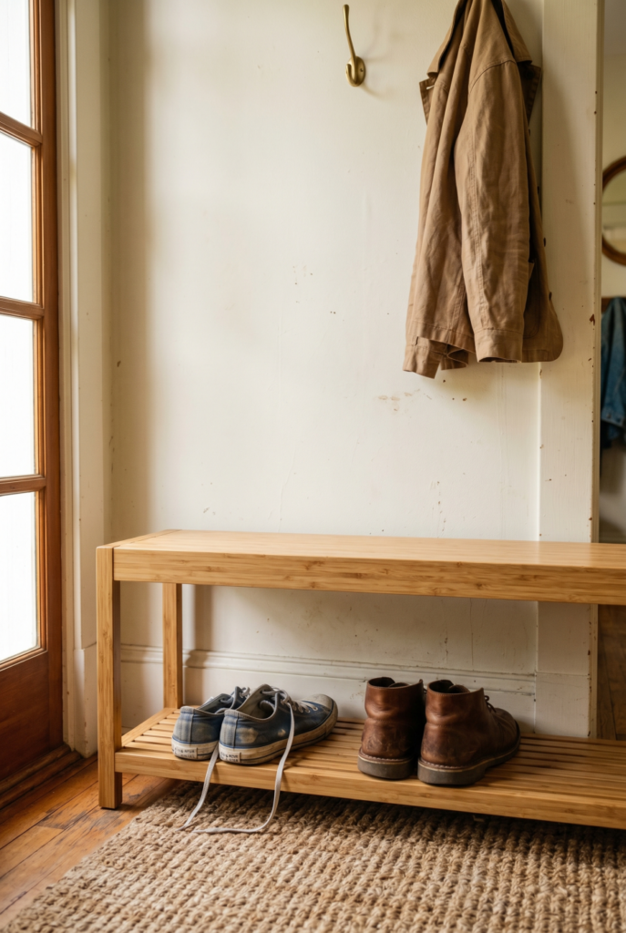 Close-up of open-shelf bamboo shoe bench with shoes organized on lower tier.