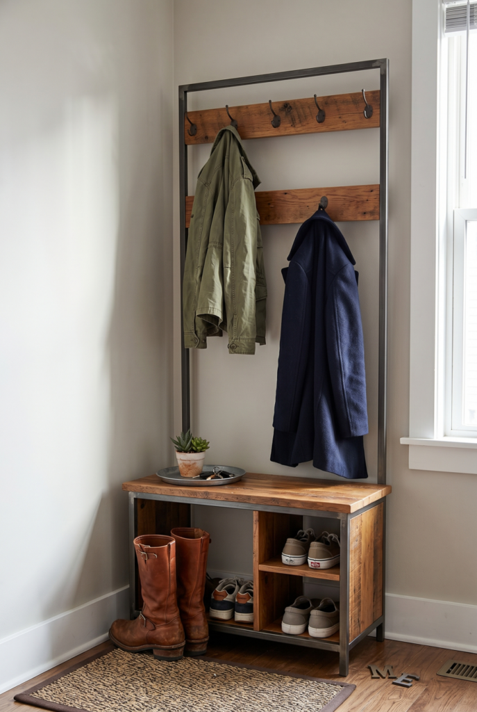 Corner shot of hall tree with coats, boots, shoes, keys, and small plant on top shelf.